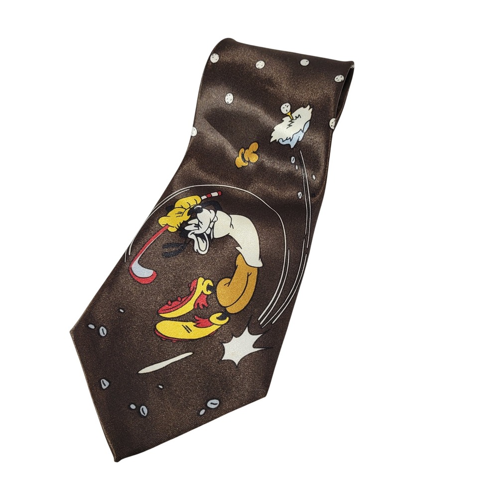 Vintage Goofy Golfing Tie Mens Brown Cartoon Sports Satin Kitschy
Retro